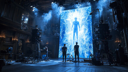 Film crew filming a scene with a large screen displaying a glowing human figure.
