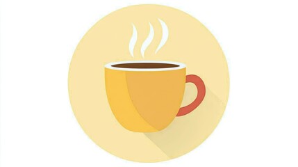 Obraz premium A simple illustration of a steaming yellow coffee cup on a circular background.