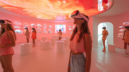 Young women experiencing virtual reality in a pink immersive room.