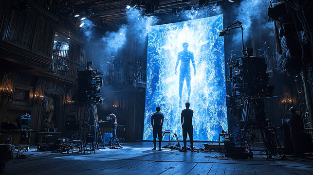 Film crew filming a scene with a large screen displaying a glowing human figure.