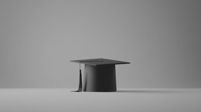 black graduation cap with tassel sits on minimalist gray background, symbolizing achievement and academic success. This evokes feelings of pride and accomplishment