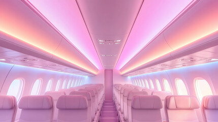 Modern airplane cabin interior with pink and blue lighting, featuring rows of comfortable seats and sleek design, creating calming atmosphere for passengers