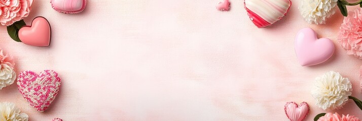 A colorful assortment of hearts and flowers fills the table, symbolizing love and affection, perfect for celebrating Valentine's Day.