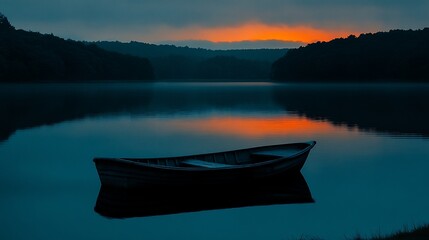 Fototapeta premium Tranquil lake sunrise with a lone boat. Peaceful morning scenery. Calm water reflections. 