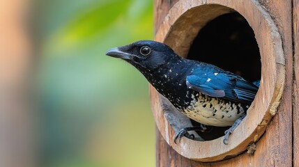 Blue-and-black bird peering from wooden birdhouse.