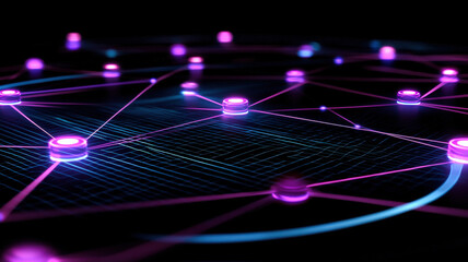 A futuristic circular graph with interactive nodes and glowing pathways connecting them, creating a seamless and dynamic visual flow with a high-tech, cybernetic aesthetic on a sleek, dark background.