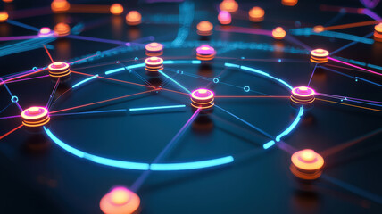 A futuristic circular graph with interactive nodes and glowing pathways connecting them, creating a seamless and dynamic visual flow with a high-tech, cybernetic aesthetic on a sleek, dark background.