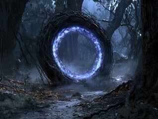 A mystical forest lit by glowing bioluminescent plants and trees, with soft mist curling around the roots. A narrow path leads to a shimmering portal of light, surrounded by floating orbs and 