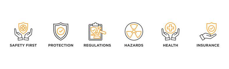 Work safety banner web icon vector illustration for occupational safety and health at work with safety first, protection, regulations, hazards, health, and insurance icon