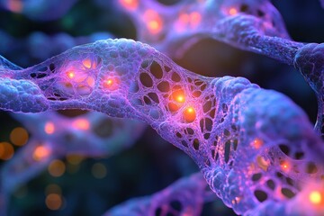 Abstract representation of bio-AI synergy, intertwining organic and digital elements, neural networks blending with DNA strands, glowing nodes