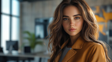 Fototapeta premium woman with long, wavy hair wearing stylish jacket stands confidently in modern office space, exuding sense of professionalism and poise