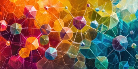 Abstract representation of biomarker mapping, colorful geometric patterns overlaying realistic molecular environments, combining art and science