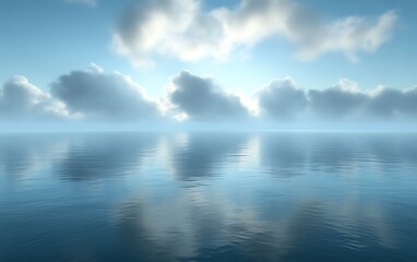 Obraz premium Calm ocean reflecting a serene sky with clouds.