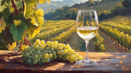 Naklejka premium 52.Glass of chilled white wine on a wooden table, next to a lush bunch of green grapes, framed by a sprawling vineyard under bright sunlight; the rustic table texture adds depth, while the vineyard