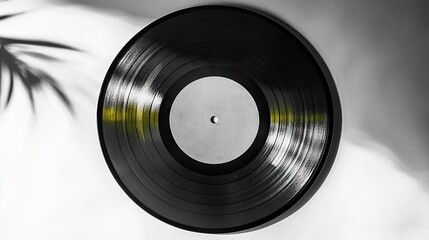 Obraz premium A top view of a black vinyl record on a light surface with a shadow of a plant.