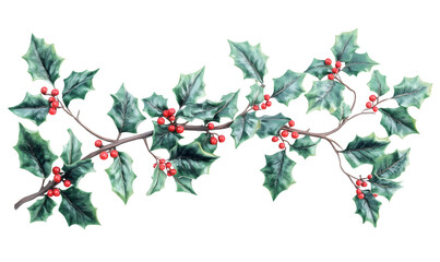 Fototapeta premium Watercolor holly branch with red berries and green leaves.