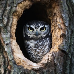 Northern hawk-owl (Surnia ulula) looking out of a tree hollow 