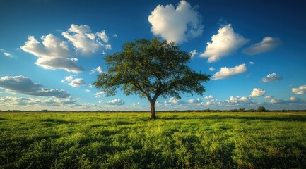 green grass meadow with a blue sky and white clouds