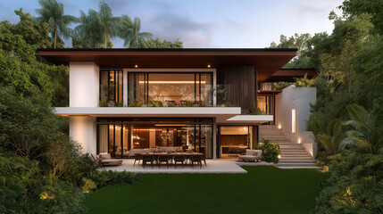Modern Tropical Villa: A breathtaking architectural masterpiece nestled amidst lush greenery, showcasing contemporary design with expansive windows, a spacious patio, and a serene garden.
