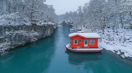 Naklejka premium Red cabin boat on turquoise river, snow covered winter landscape.