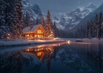 Fototapeta premium Snowy Winter in the Mountains: A Magical Escape. The landscape transforms into a pristine white wonderland, where towering peaks wear a glistening coat of snow, and the air is crisp and refreshing. 