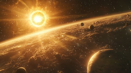 Obraz premium A stunning view of the solar system, featuring all planets in orbit around a radiant sun, set against a backdrop of countless stars.