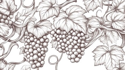 90.Ornamental line drawing of grapevines with bold, flowing lines and intricate clusters of grapes and leaves; each vine element connects harmoniously, creating a thick-lined, editable pattern ideal