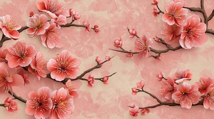 HD seamless cherry blossom design with vibrant 3D flowers and elegant branches for a serene wallpaper look