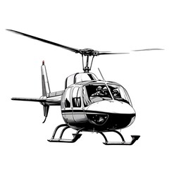 A black and white illustration of a helicopter with two pilots in the cockpit.