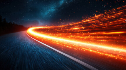 vibrant scene depicting light trails on dark road, showcasing speed and motion under starry sky. glowing orange streaks create dynamic and energetic atmosphere