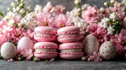 Obraz premium Easter background with macarons, flowers, and eggs in a pink color
