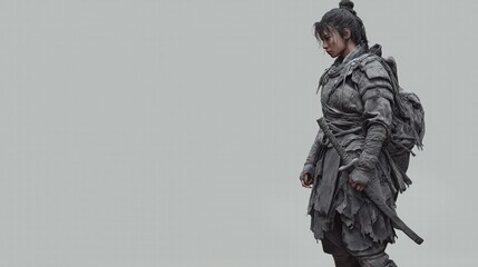 Fototapeta premium Solemn Female Warrior in Tattered Armor