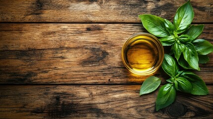 Fototapeta premium A top-down view of a fresh vegetable salad with basil leaves and olive oil on a rustic wooden background