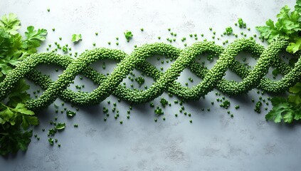 A green DNA strand is surrounded by green leaves and pea pods