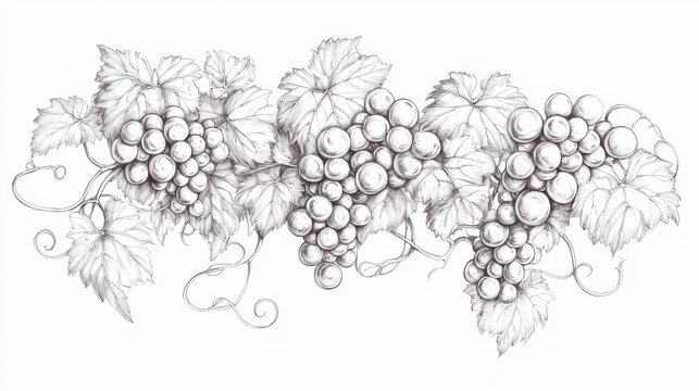 29.Hand-sketched vector artwork of a grapevine with clusters of round, full grapes and sprawling leaves; detailed linework shows the texture of each leaf and grape, with graceful vine tendrils
