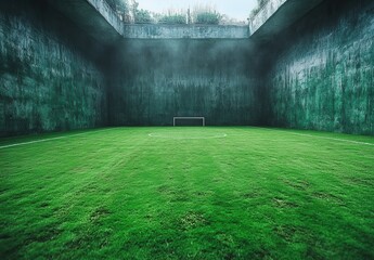 A soccer field with a goal in the middle