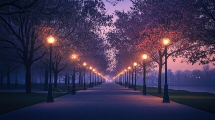 A tranquil evening park scene, with glowing LED streetlights lining a pathway and soft purple hues in the sky