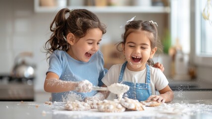 Fototapeta premium Two joyful children are baking together, playfully covered in flour, creating a delightful mess in a bright kitchen.