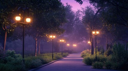 A tranquil evening park scene, with glowing LED streetlights lining a pathway and soft purple hues in the sky