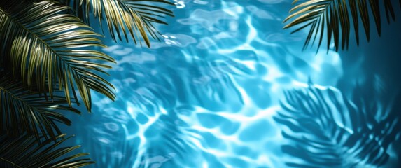 A leafy green palm tree is above a pool of water