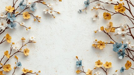 Light background adorned with 3D yellow, blue, and white cherry blossoms and autumn-inspired branches. 