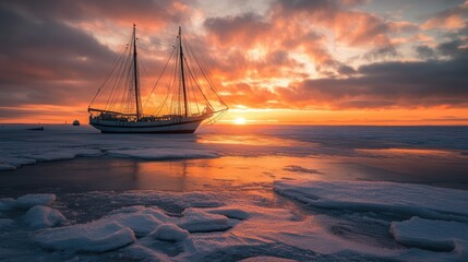 A tranquil frozen sea bathed in warm sunset hues, with a majestic two-masted sailboat adding elegance to the scene