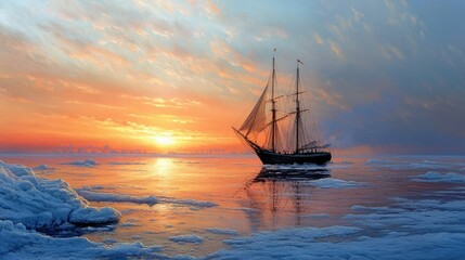 Obraz premium A tranquil frozen sea bathed in warm sunset hues, with a majestic two-masted sailboat adding elegance to the scene