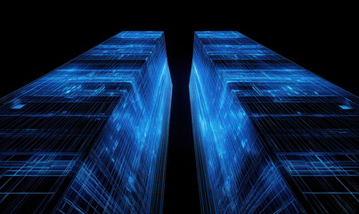 At night, the blue lines of modern skyscrapers outline the shape of the building
