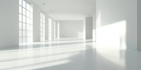 Fototapeta premium Bright and spacious white photo studio with large windows and smooth floors, perfect for photography and creative projects