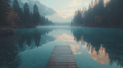 A serene lake in the middle of a dense pine forest, with a wooden dock extending into the water. The surface reflects the surrounding trees and a sky full of soft clouds, creating a tranquil 