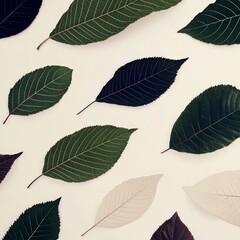 Elegant Green Beige Dark Leaves Pattern Nature Flatlay Botanical Background