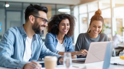 A group of three friends collaborates happily over a laptop in a bright, modern workspace, enjoying drinks and sharing ideas.