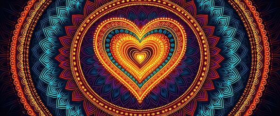 Vibrant mandala heart with intricate geometric patterns in warm tones