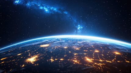 Obraz premium A vibrant city at night, skyscrapers glowing brightly over a blue-lit Earth, with an expansive galaxy backdrop